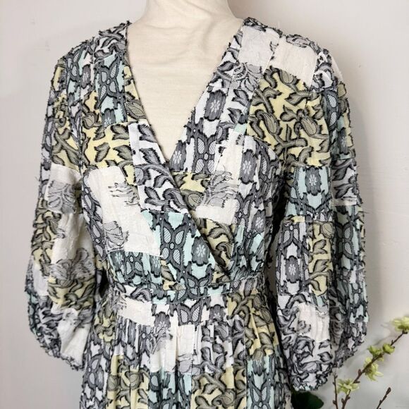 ANTHROPOLOGIE * V-Neck Textured Midi Dress medium patchwork - Picture 3 of 13